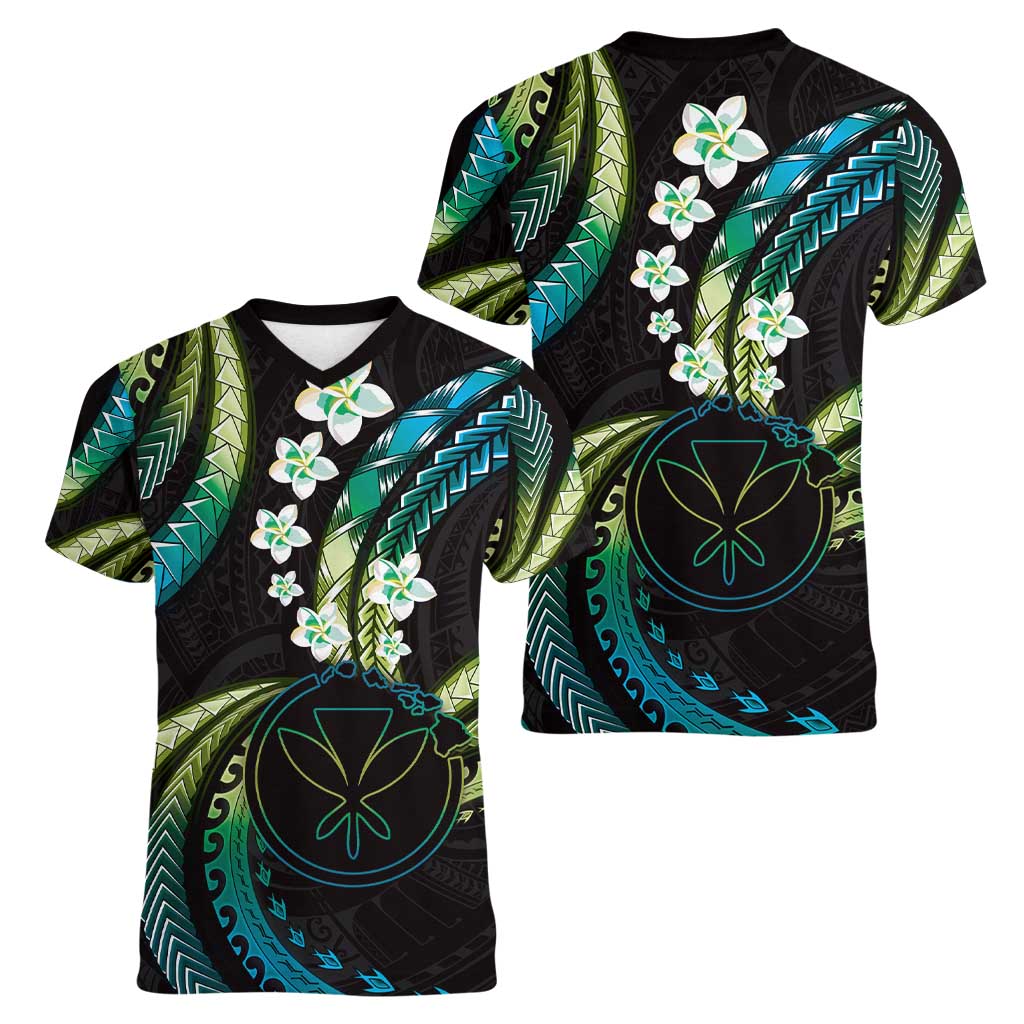 Hawaii Map Kanaka Maoli Women V-Neck T-Shirt Fantastic Frangipani Chartreuse Cyan