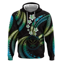 Hawaii Map Kanaka Maoli Zip Hoodie Fantastic Frangipani Chartreuse Cyan