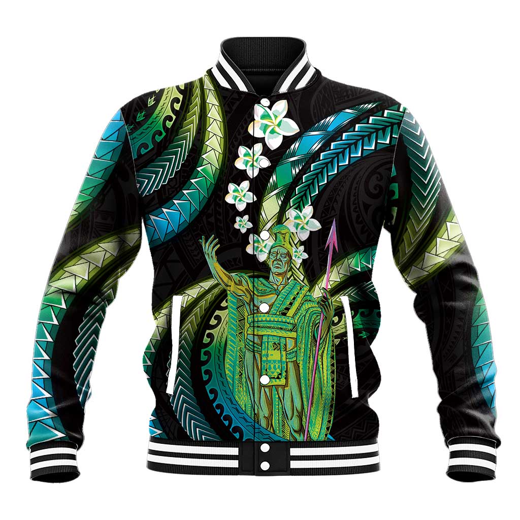 Hawaii King Kamehameha Baseball Jacket Fantastic Plumeria Chartreuse Cyan