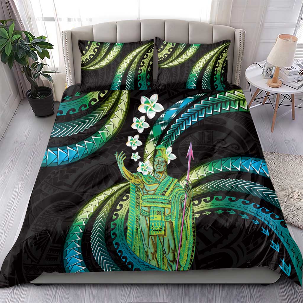 Hawaii King Kamehameha Bedding Set Fantastic Plumeria Chartreuse Cyan