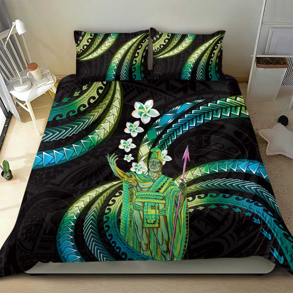 Hawaii King Kamehameha Bedding Set Fantastic Plumeria Chartreuse Cyan
