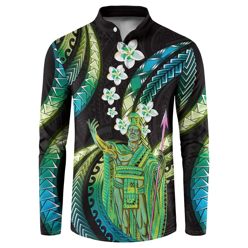 Hawaii King Kamehameha Button Sweatshirt Fantastic Plumeria Chartreuse Cyan