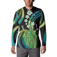 Hawaii King Kamehameha Button Sweatshirt Fantastic Plumeria Chartreuse Cyan