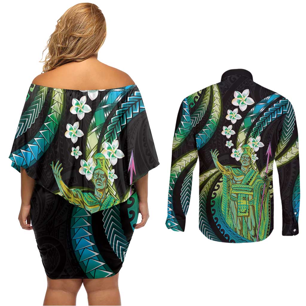 Hawaii King Kamehameha Couples Matching Off Shoulder Short Dress and Long Sleeve Button Shirt Fantastic Plumeria Chartreuse Cyan