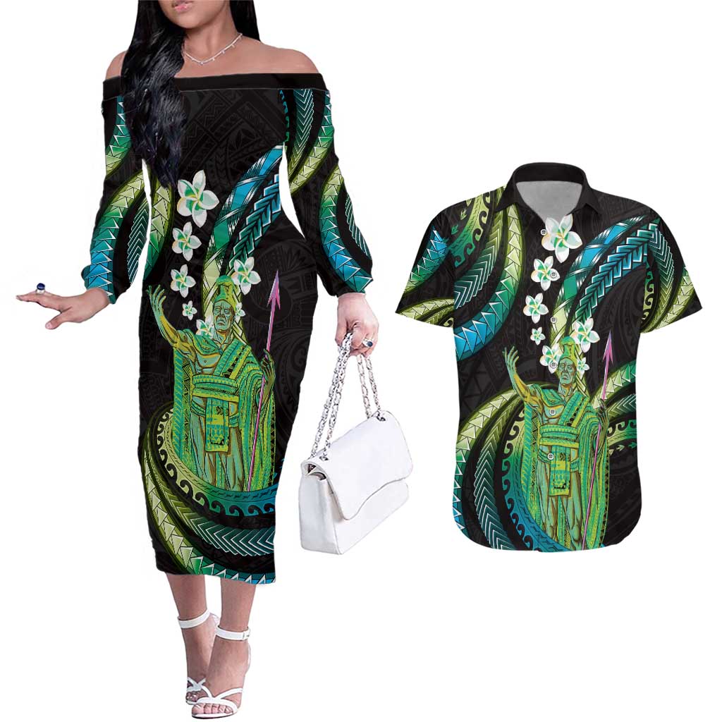 Hawaii King Kamehameha Couples Matching Off The Shoulder Long Sleeve Dress and Hawaiian Shirt Fantastic Plumeria Chartreuse Cyan