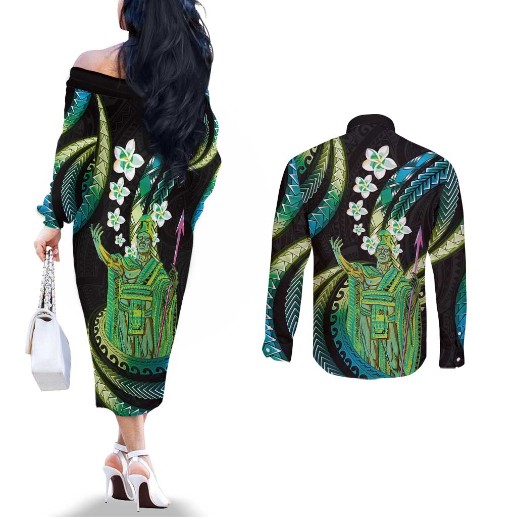Hawaii King Kamehameha Couples Matching Off The Shoulder Long Sleeve Dress and Long Sleeve Button Shirt Fantastic Plumeria Chartreuse Cyan