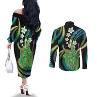 Hawaii King Kamehameha Couples Matching Off The Shoulder Long Sleeve Dress and Long Sleeve Button Shirt Fantastic Plumeria Chartreuse Cyan