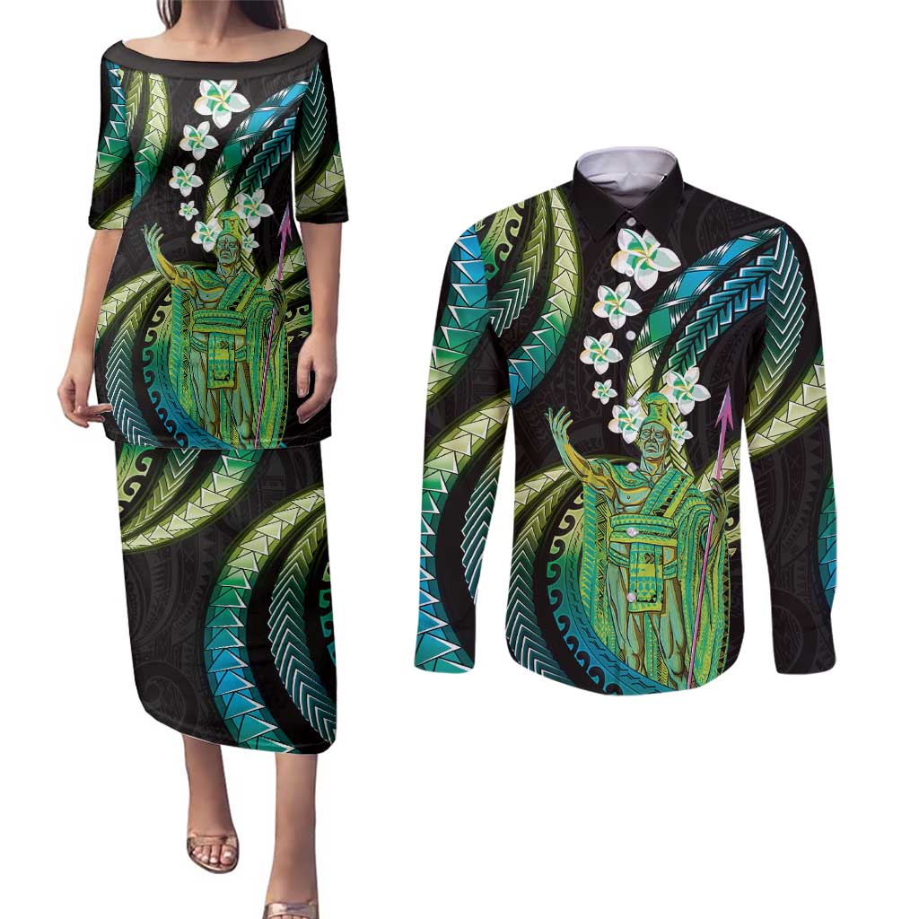 Hawaii King Kamehameha Couples Matching Puletasi and Long Sleeve Button Shirt Fantastic Plumeria Chartreuse Cyan