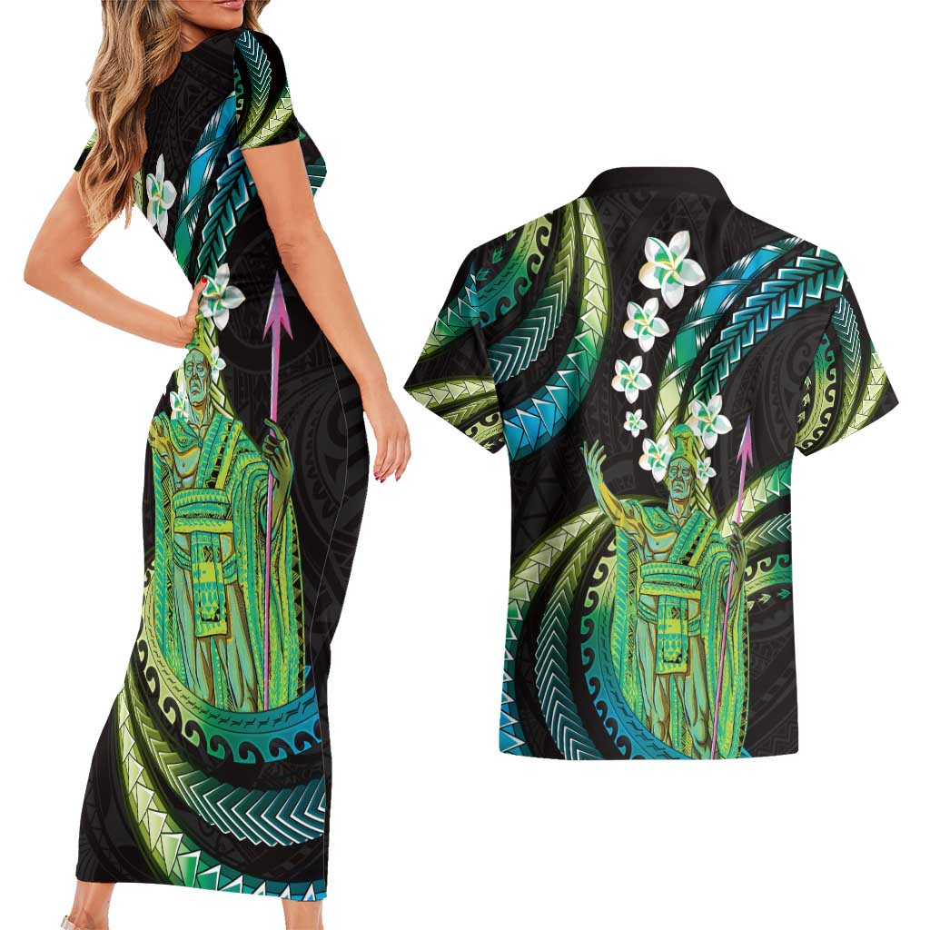 Hawaii King Kamehameha Couples Matching Short Sleeve Bodycon Dress and Hawaiian Shirt Fantastic Plumeria Chartreuse Cyan