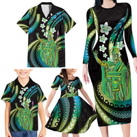 Hawaii King Kamehameha Family Matching Long Sleeve Bodycon Dress and Hawaiian Shirt Fantastic Plumeria Chartreuse Cyan