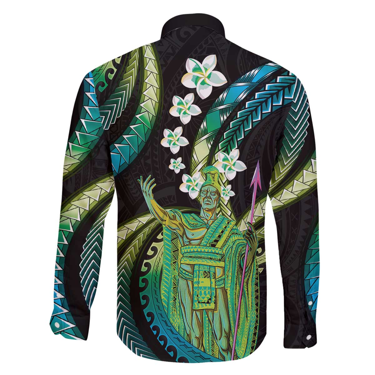 Hawaii King Kamehameha Family Matching Off The Shoulder Long Sleeve Dress and Hawaiian Shirt Fantastic Plumeria Chartreuse Cyan
