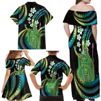 Hawaii King Kamehameha Family Matching Off Shoulder Maxi Dress and Hawaiian Shirt Fantastic Plumeria Chartreuse Cyan