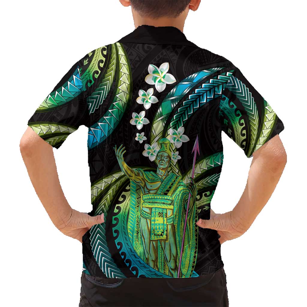 Hawaii King Kamehameha Family Matching Off Shoulder Short Dress and Hawaiian Shirt Fantastic Plumeria Chartreuse Cyan