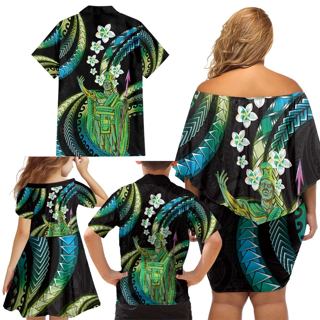Hawaii King Kamehameha Family Matching Off Shoulder Short Dress and Hawaiian Shirt Fantastic Plumeria Chartreuse Cyan