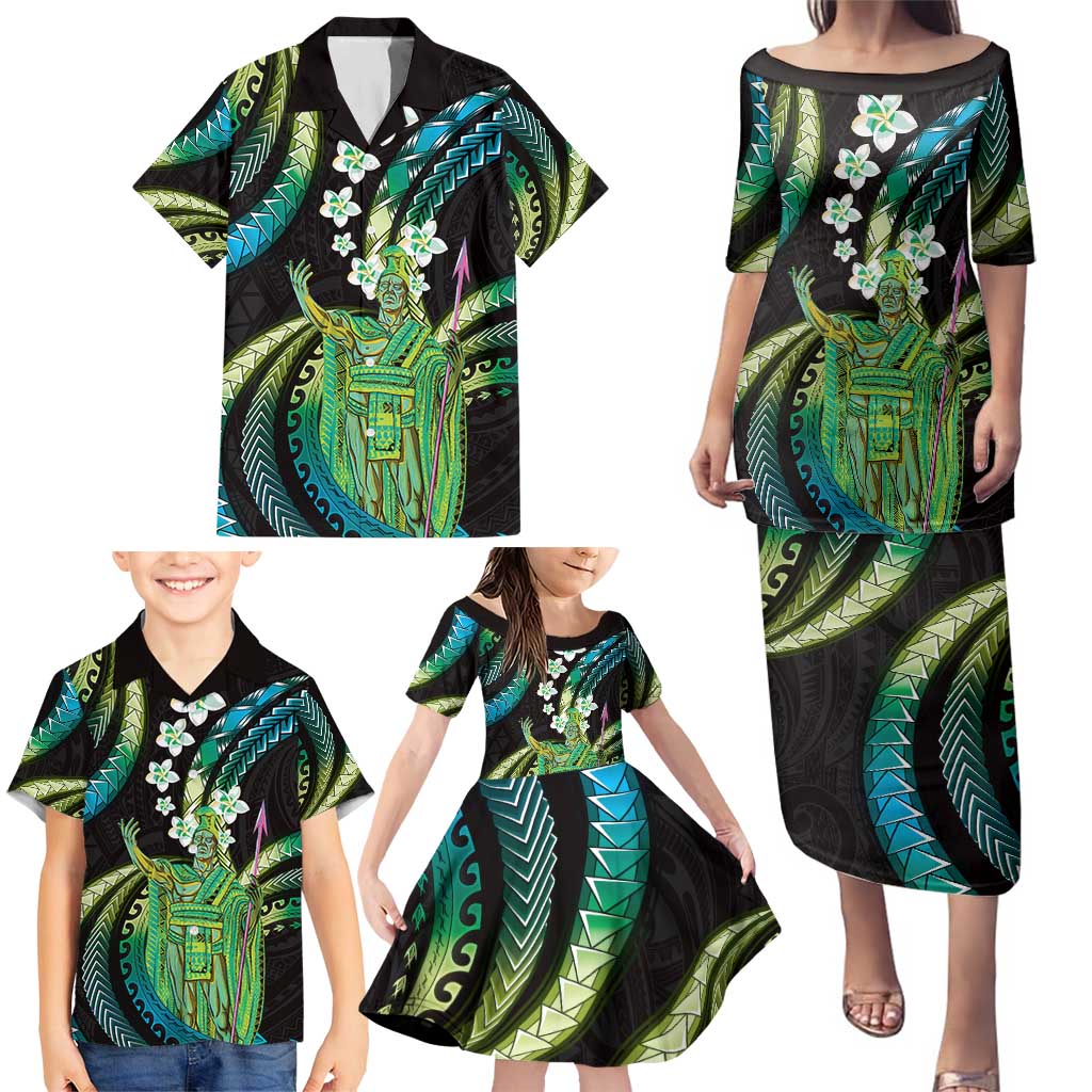 Hawaii King Kamehameha Family Matching Puletasi and Hawaiian Shirt Fantastic Plumeria Chartreuse Cyan