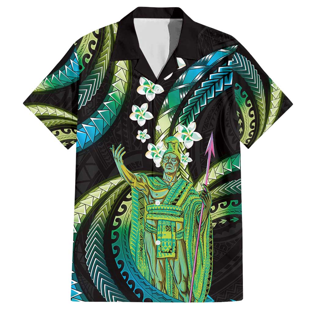 Hawaii King Kamehameha Family Matching Short Sleeve Bodycon Dress and Hawaiian Shirt Fantastic Plumeria Chartreuse Cyan