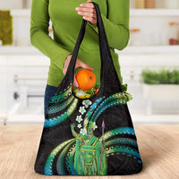 Hawaii King Kamehameha Grocery Bag Fantastic Plumeria Chartreuse Cyan