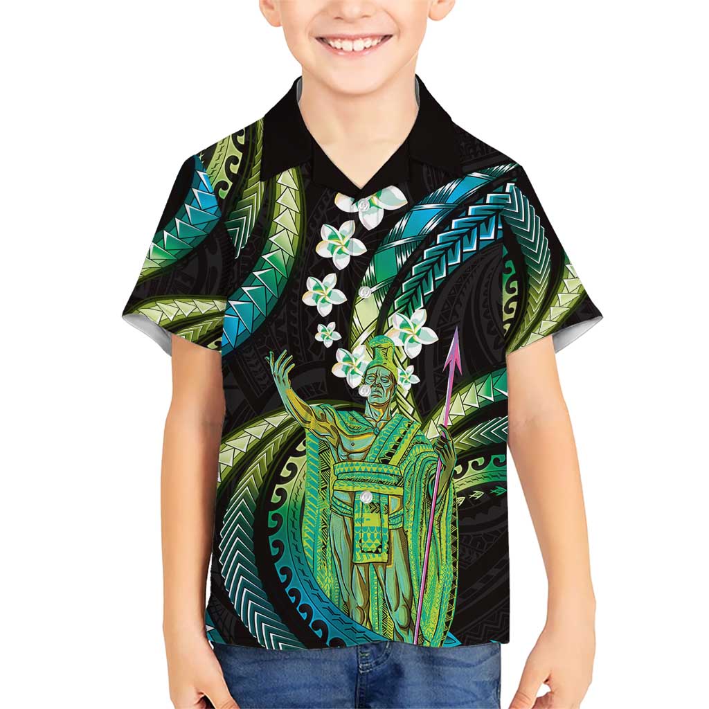 Hawaii King Kamehameha Kid Hawaiian Shirt Fantastic Plumeria Chartreuse Cyan
