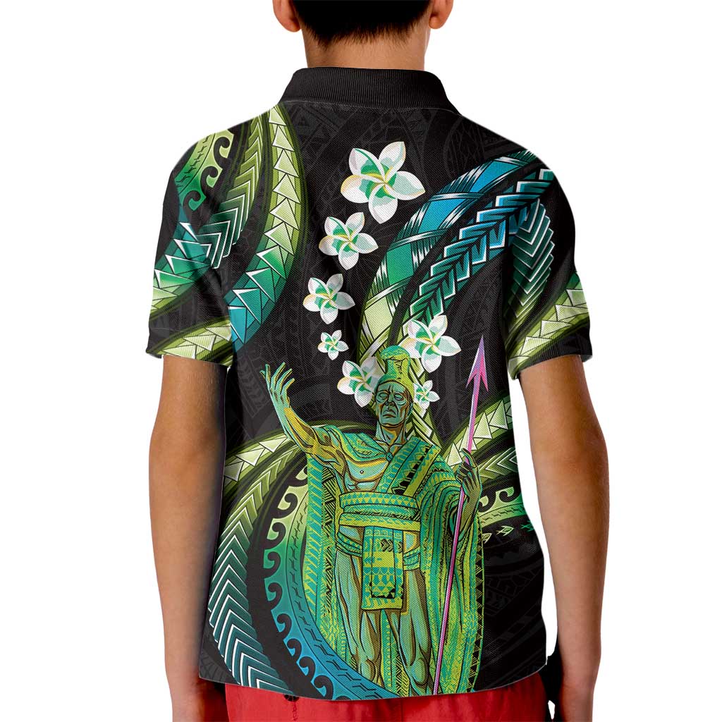 Hawaii King Kamehameha Kid Polo Shirt Fantastic Plumeria Chartreuse Cyan