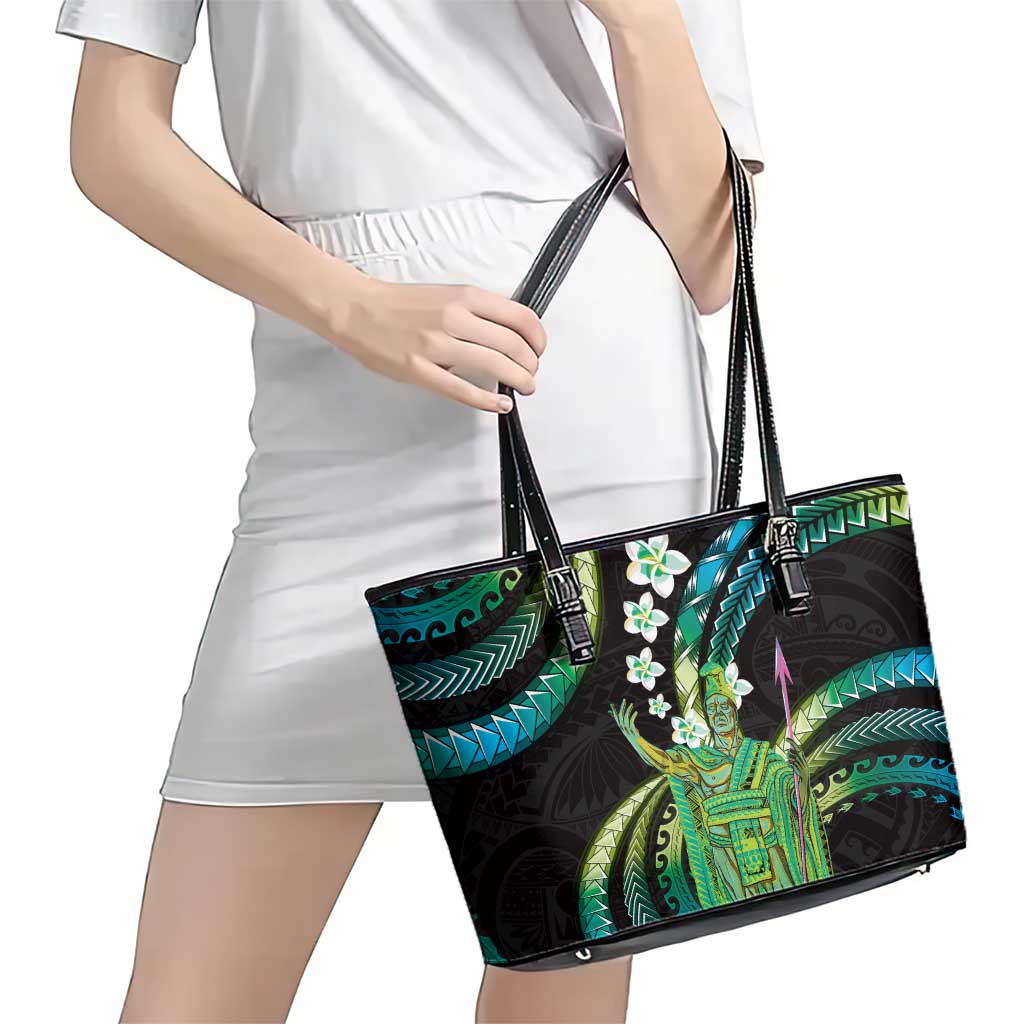 Hawaii King Kamehameha Leather Tote Bag Fantastic Plumeria Chartreuse Cyan