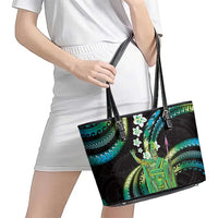 Hawaii King Kamehameha Leather Tote Bag Fantastic Plumeria Chartreuse Cyan