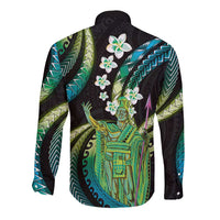 Hawaii King Kamehameha Long Sleeve Button Shirt Fantastic Plumeria Chartreuse Cyan