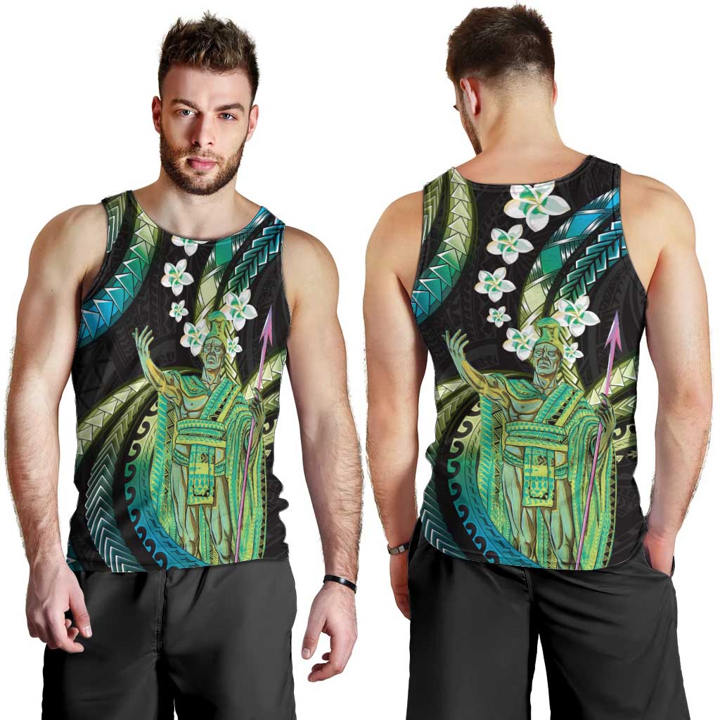Hawaii King Kamehameha Men Tank Top Fantastic Plumeria Chartreuse Cyan