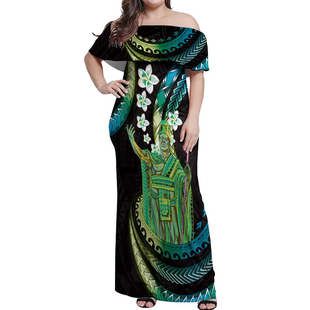 Hawaii King Kamehameha Off Shoulder Maxi Dress Fantastic Plumeria Chartreuse Cyan