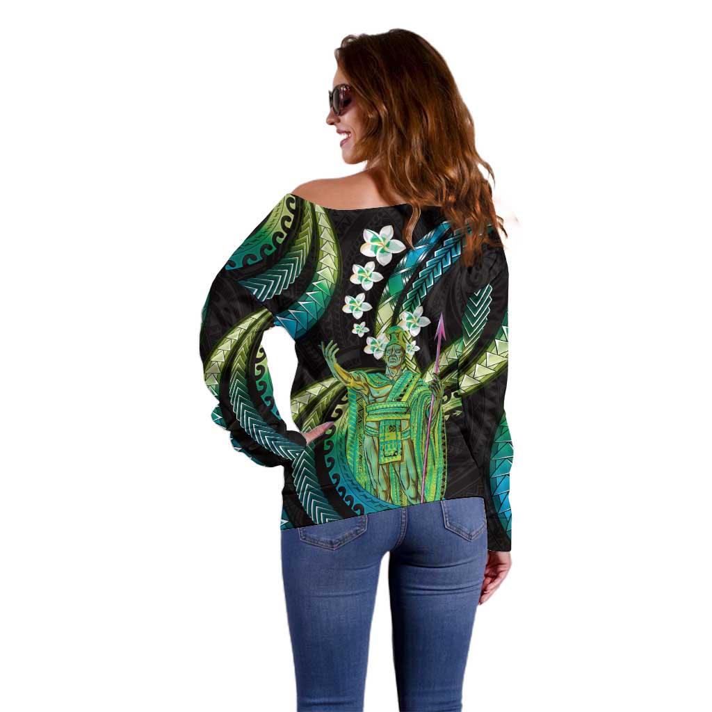 Hawaii King Kamehameha Off Shoulder Sweater Fantastic Plumeria Chartreuse Cyan