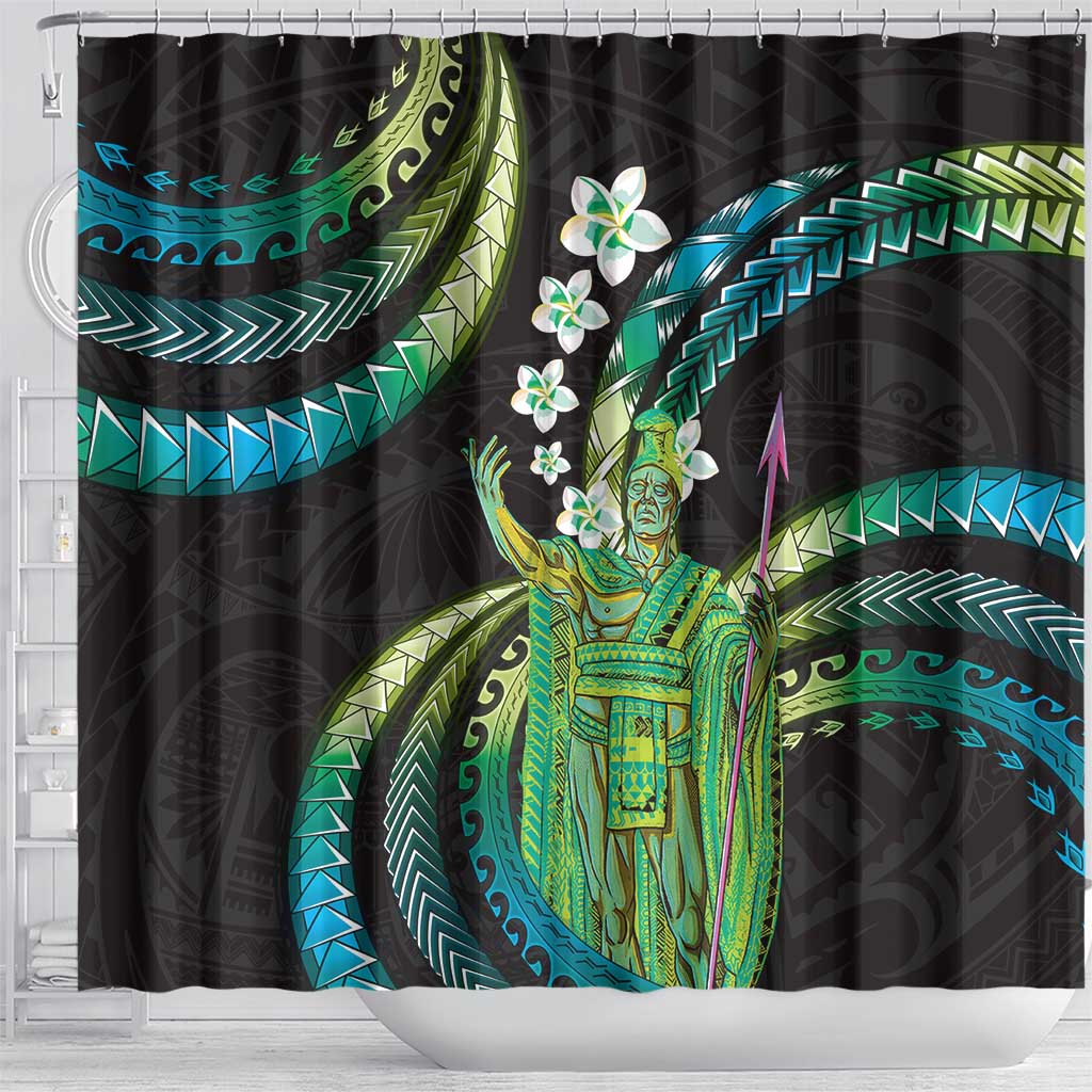 Hawaii King Kamehameha Shower Curtain Fantastic Plumeria Chartreuse Cyan