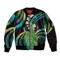 Hawaii King Kamehameha Sleeve Zip Bomber Jacket Fantastic Plumeria Chartreuse Cyan