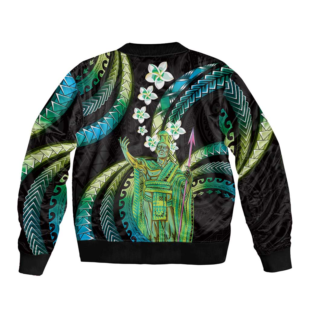 Hawaii King Kamehameha Sleeve Zip Bomber Jacket Fantastic Plumeria Chartreuse Cyan