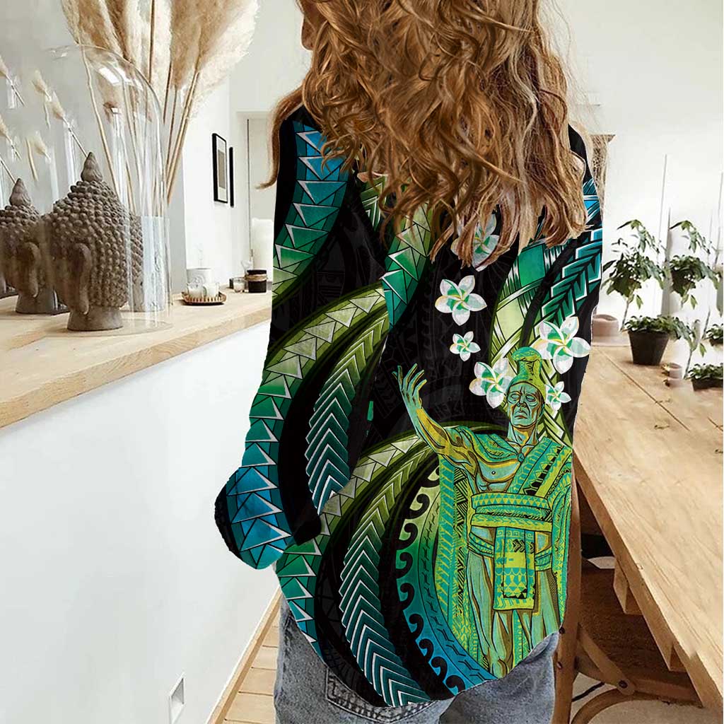 Hawaii King Kamehameha Women Casual Shirt Fantastic Plumeria Chartreuse Cyan