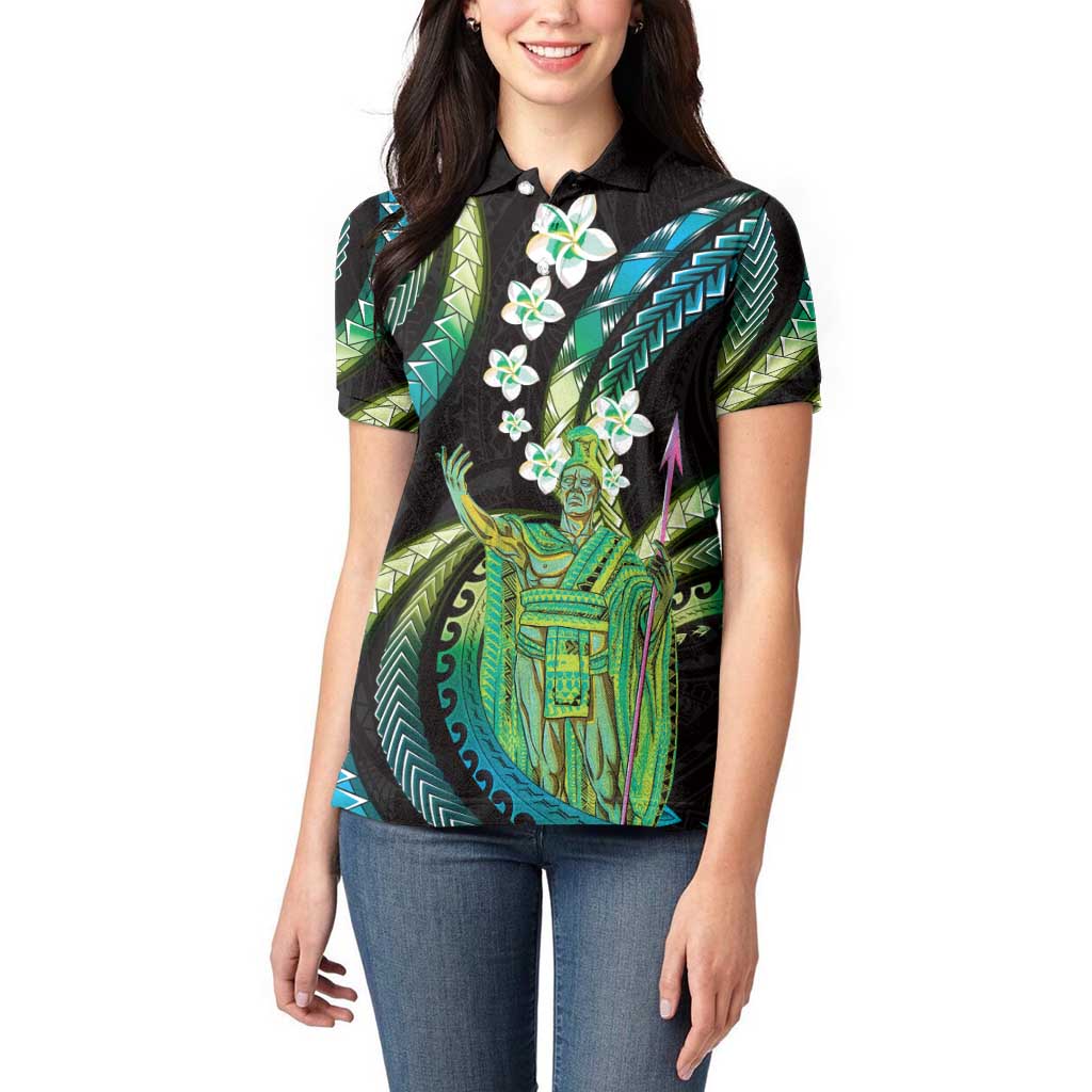 Hawaii King Kamehameha Women Polo Shirt Fantastic Plumeria Chartreuse Cyan