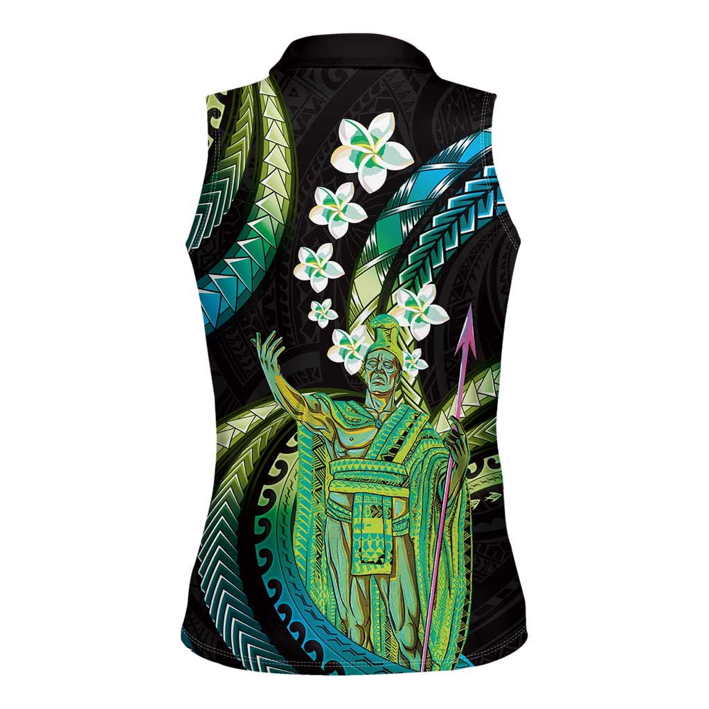 Hawaii King Kamehameha Women Sleeveless Polo Shirt Fantastic Plumeria Chartreuse Cyan