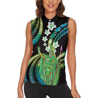 Hawaii King Kamehameha Women Sleeveless Polo Shirt Fantastic Plumeria Chartreuse Cyan