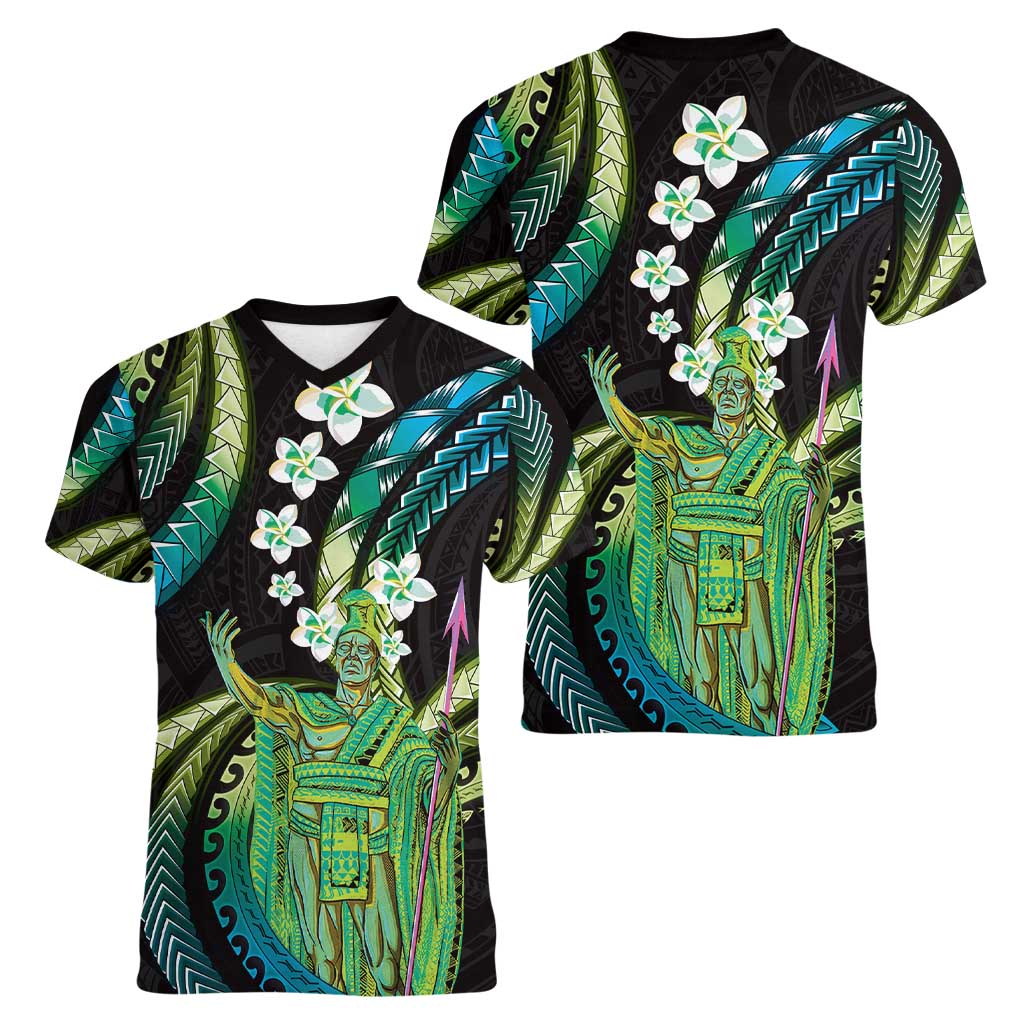 Hawaii King Kamehameha Women V-Neck T-Shirt Fantastic Plumeria Chartreuse Cyan
