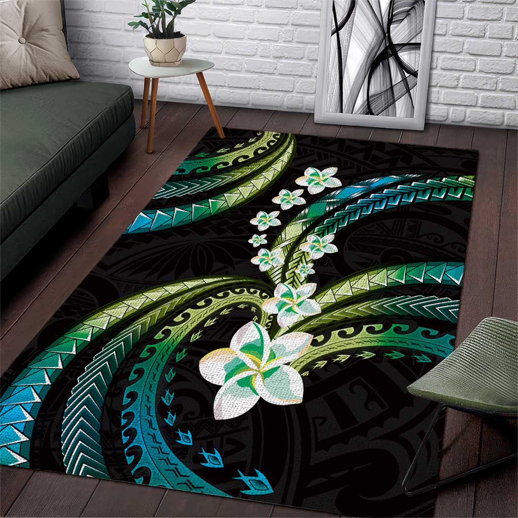 Hawaii Plumeria Area Rug Chartreuse Cyan Polynesian Pattern