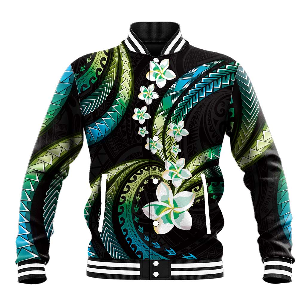 Hawaii Plumeria Baseball Jacket Chartreuse Cyan Polynesian Pattern LT01 Unisex Cyan - Polynesian Pride