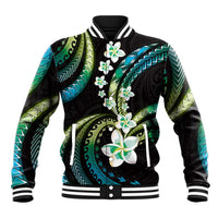 Hawaii Plumeria Baseball Jacket Chartreuse Cyan Polynesian Pattern LT01 Unisex Cyan - Polynesian Pride
