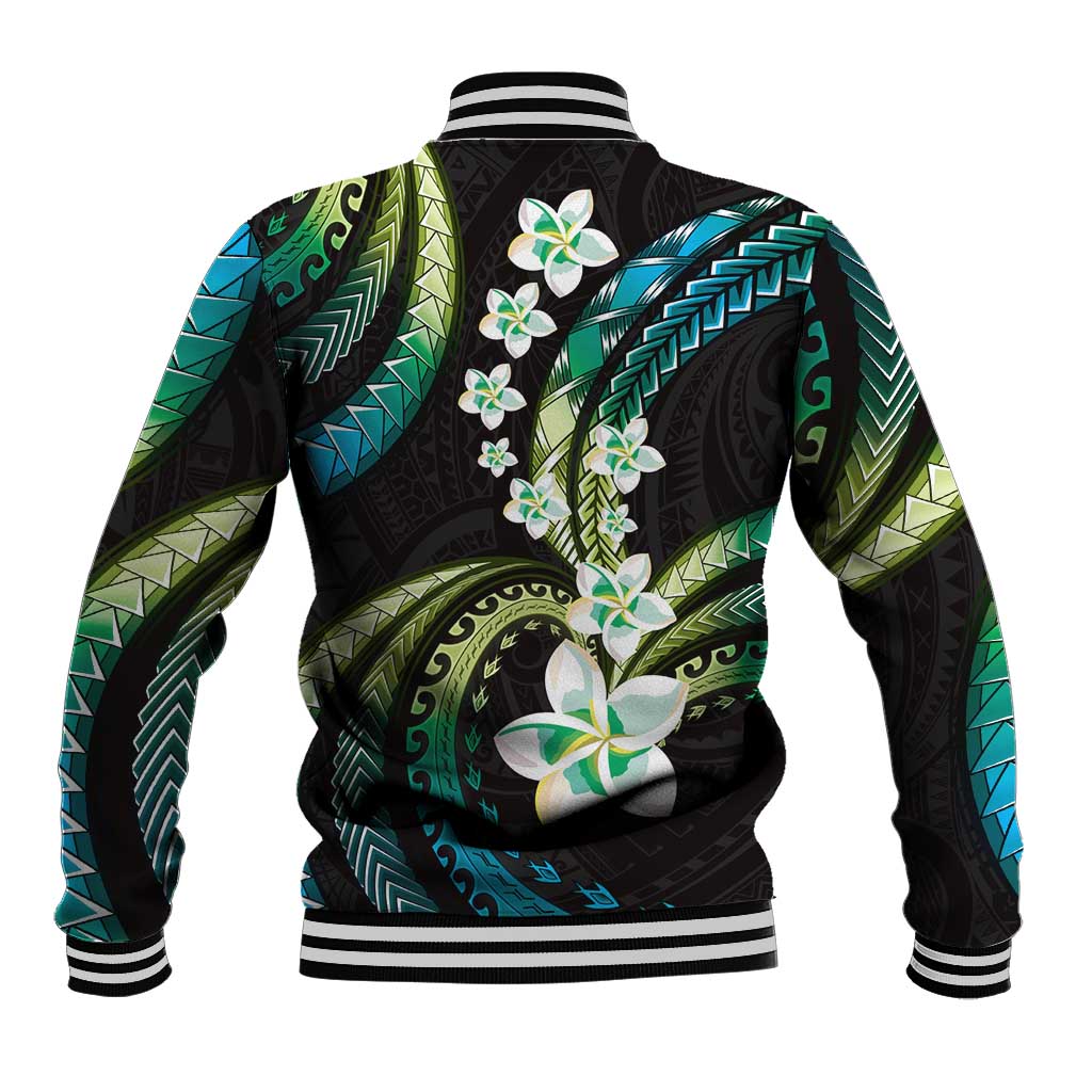 Hawaii Plumeria Baseball Jacket Chartreuse Cyan Polynesian Pattern LT01 - Polynesian Pride
