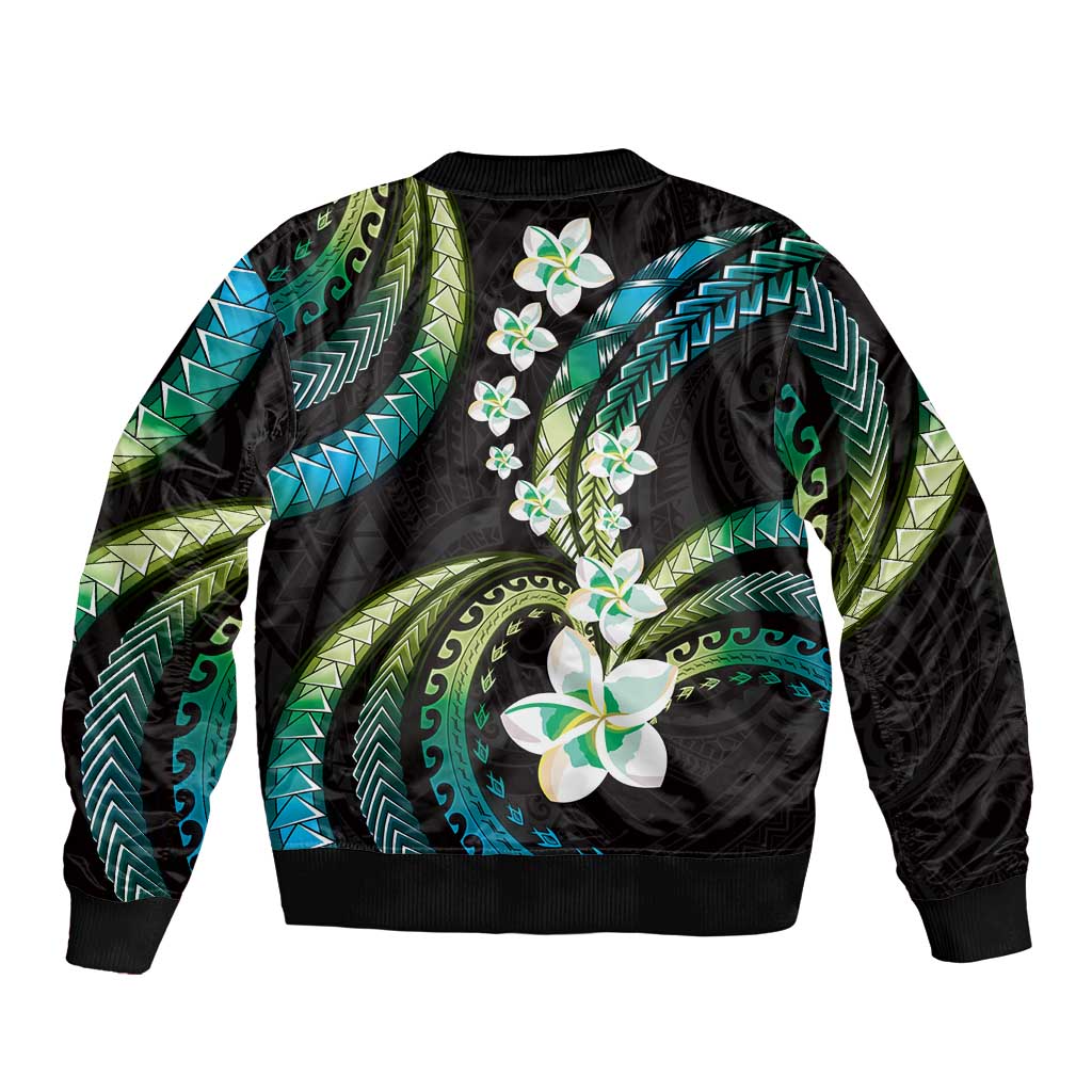 Hawaii Plumeria Bomber Jacket Chartreuse Cyan Polynesian Pattern