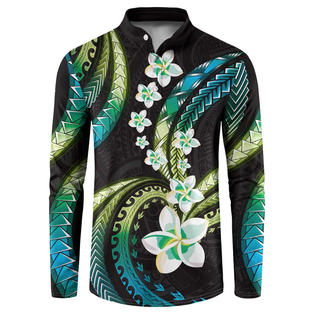 Hawaii Plumeria Button Sweatshirt Chartreuse Cyan Polynesian Pattern LT01 Cyan - Polynesian Pride