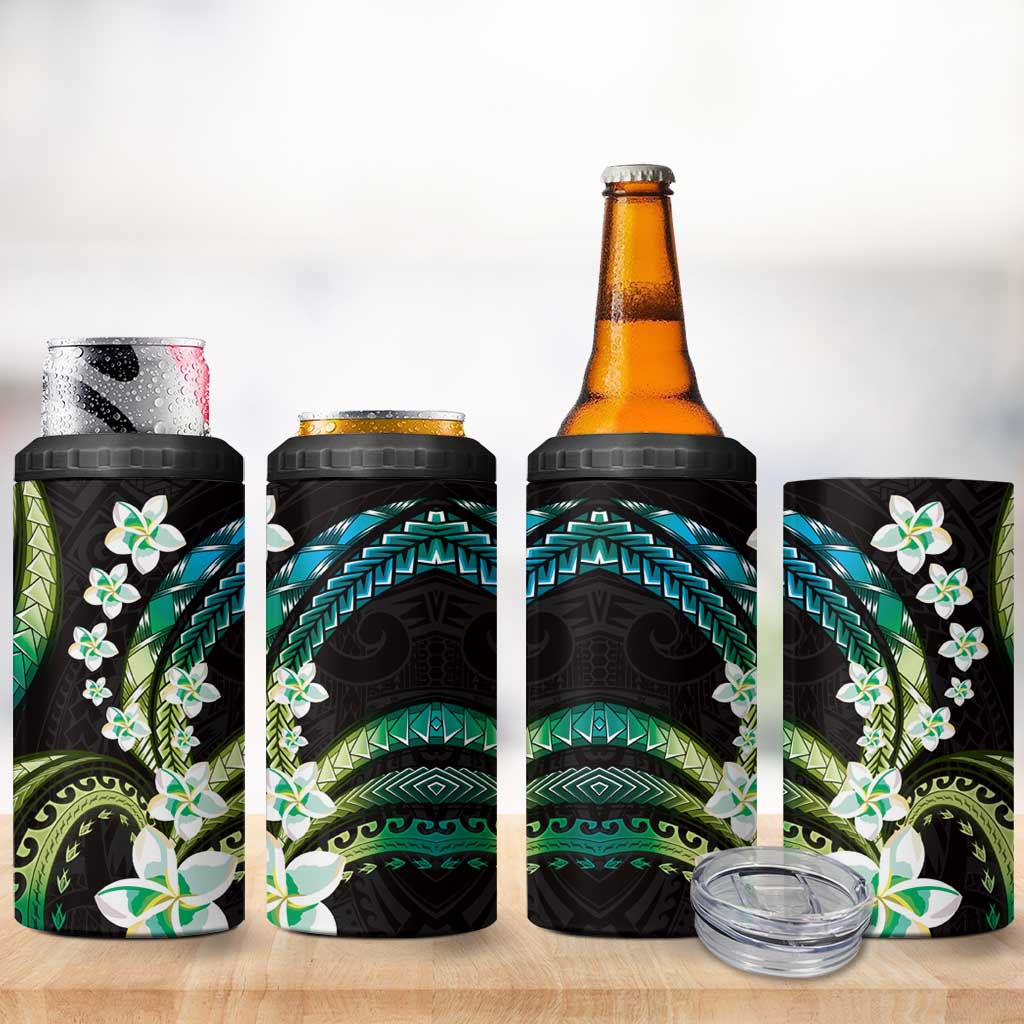 Hawaii Plumeria 4 in 1 Can Cooler Tumbler Chartreuse Cyan Polynesian Pattern