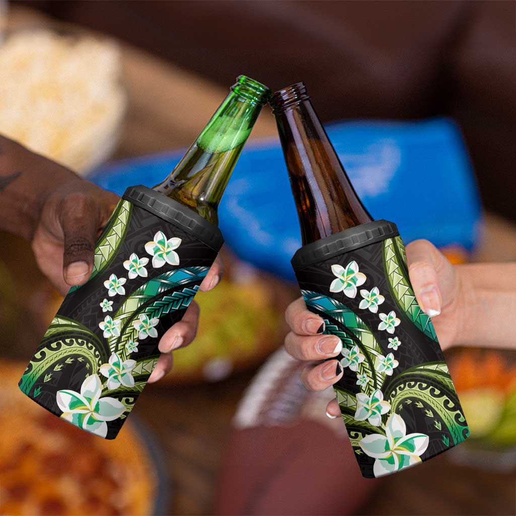 Hawaii Plumeria 4 in 1 Can Cooler Tumbler Chartreuse Cyan Polynesian Pattern