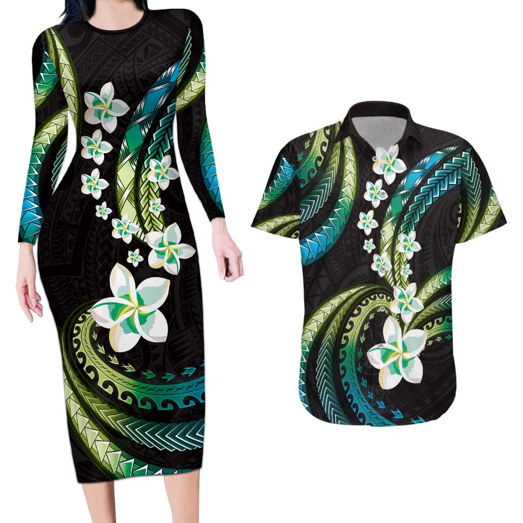 Hawaii Plumeria Couples Matching Long Sleeve Bodycon Dress and Hawaiian Shirt Chartreuse Cyan Polynesian Pattern LT01 Cyan - Polynesian Pride