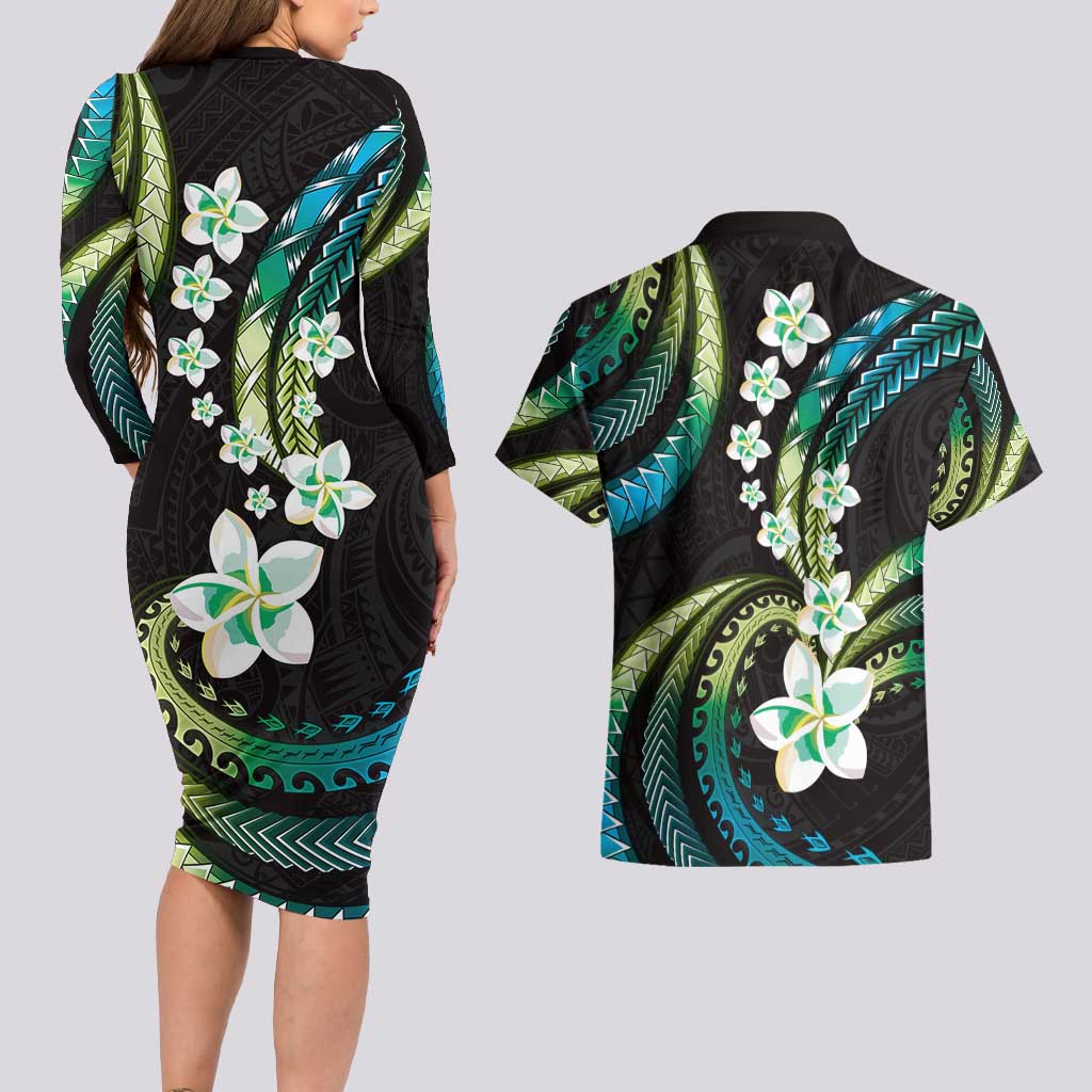 Hawaii Plumeria Couples Matching Long Sleeve Bodycon Dress and Hawaiian Shirt Chartreuse Cyan Polynesian Pattern LT01 - Polynesian Pride