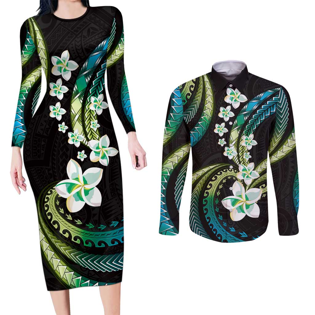 Hawaii Plumeria Couples Matching Long Sleeve Bodycon Dress and Long Sleeve Button Shirt Chartreuse Cyan Polynesian Pattern LT01 Cyan - Polynesian Pride