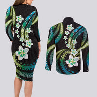 Hawaii Plumeria Couples Matching Long Sleeve Bodycon Dress and Long Sleeve Button Shirt Chartreuse Cyan Polynesian Pattern LT01 - Polynesian Pride