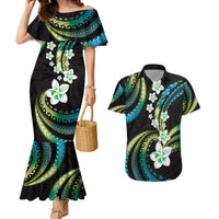 Hawaii Plumeria Couples Matching Mermaid Dress and Hawaiian Shirt Chartreuse Cyan Polynesian Pattern LT01 Cyan - Polynesian Pride